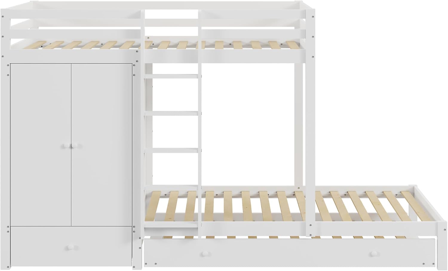 Etagenbett aus Massivholz mit Ausziehbett, multifunktionales Kinderbett mit Kleiderschrank, Schubladen und Ablagefach, Grau/Weiß, 90×200cm (Weiß)