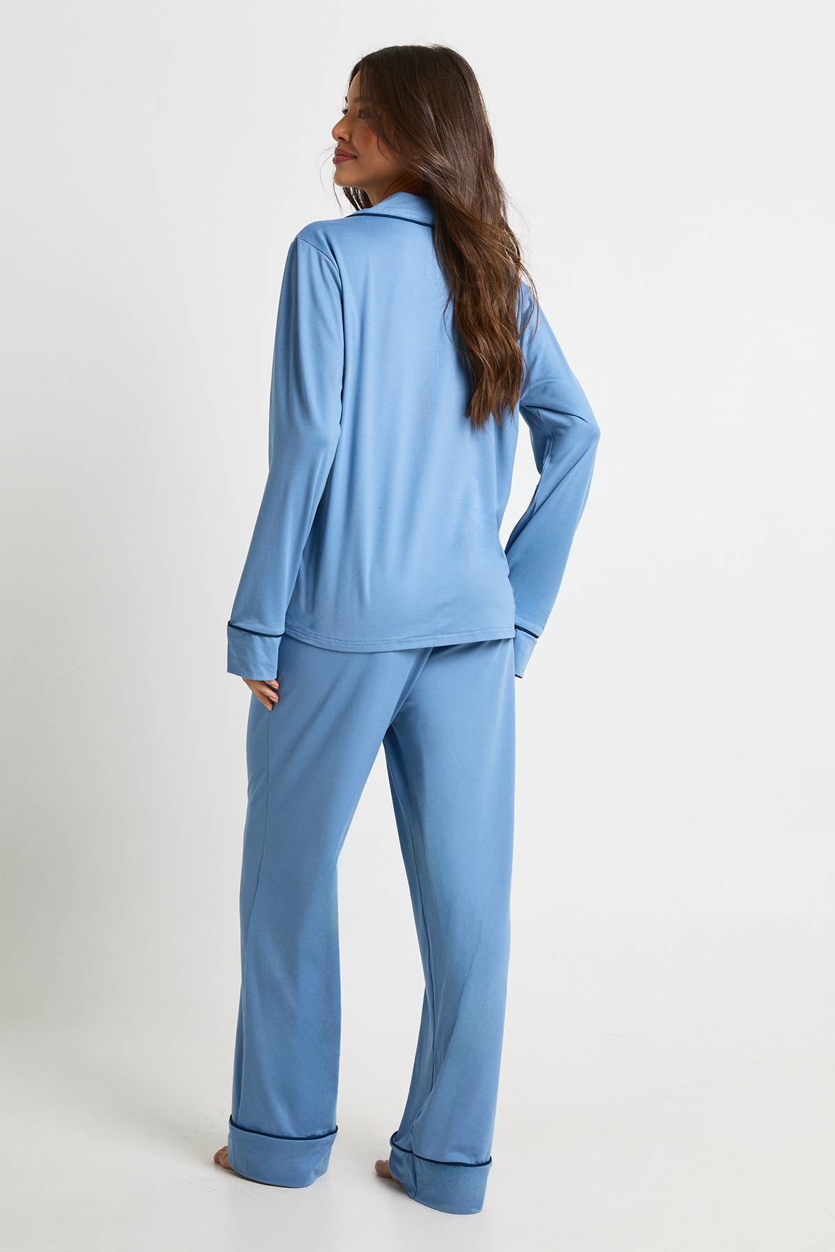 boohoo Ensemble Pyjama Jersey à Détails Passepoil Chemise Manches Longues & Pantalon