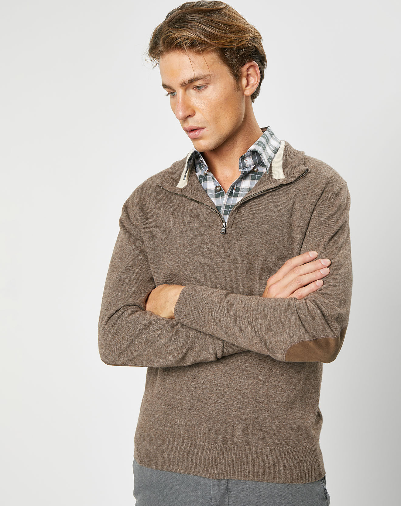 Hackett London Pull en Laine & Cachemire mélangés Zippé  Chiné marron clair
