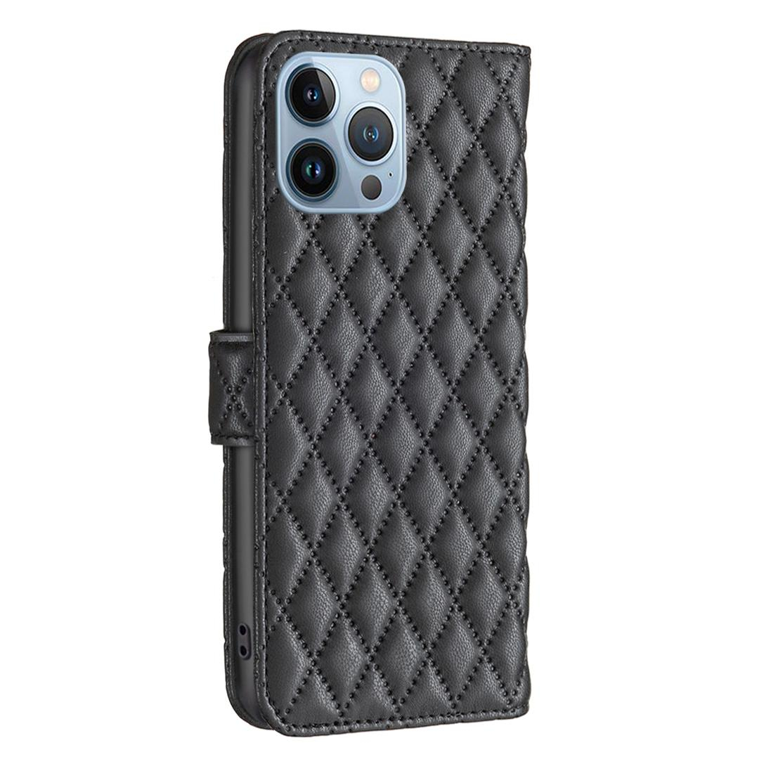 iPhone 14 Pro Leder Tasche Flip Cover Steppmuster - Schwarz
