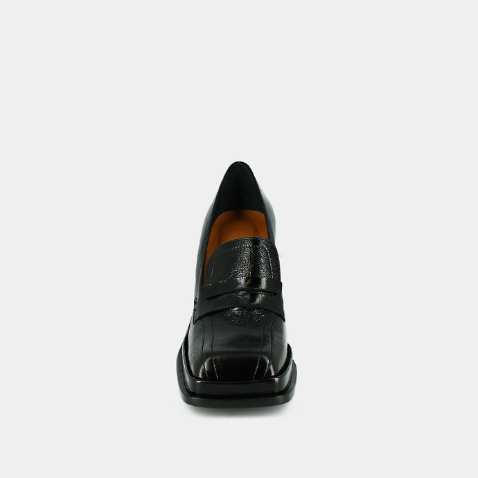 Mocassins à bouts carrés et talons épais...  en cuir brillant noir