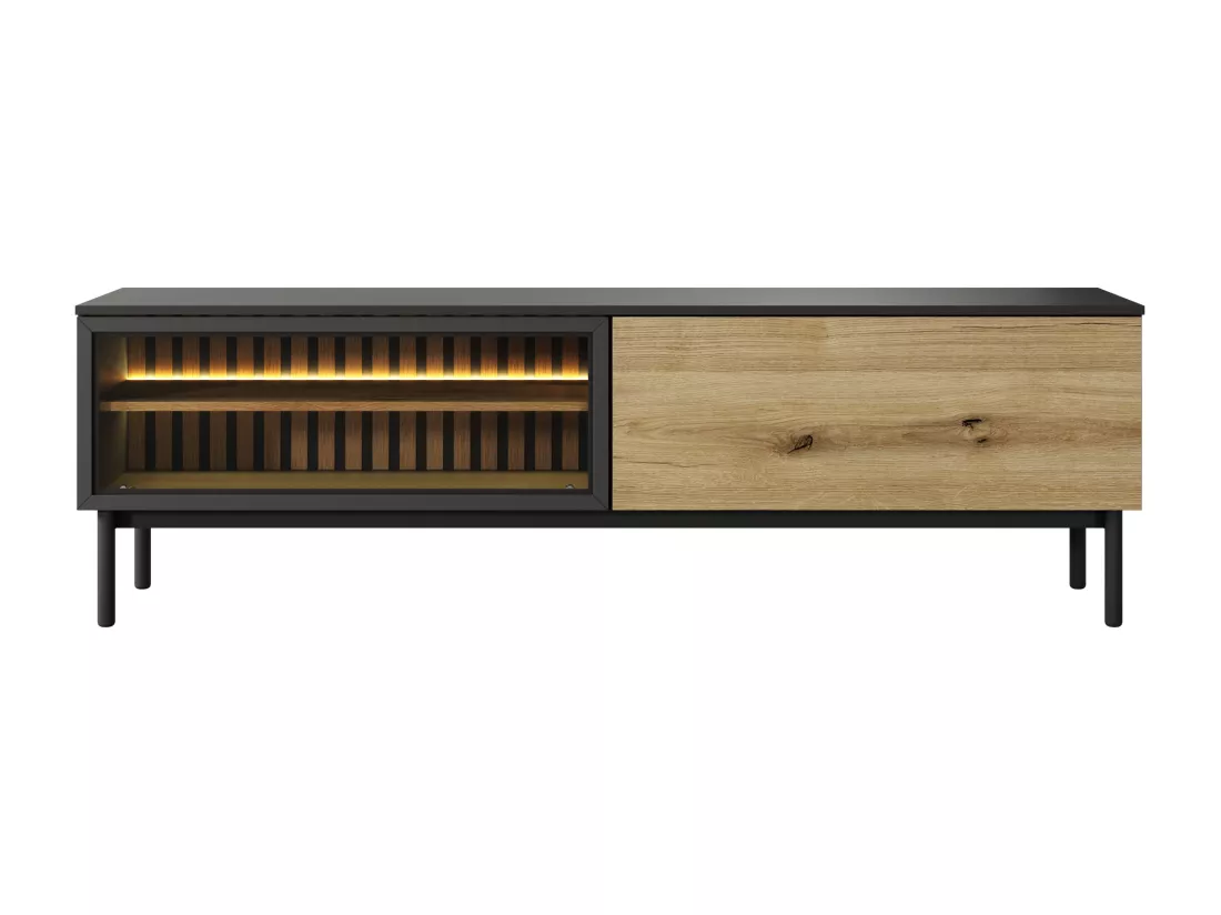 Meuble TV 2 portes avec LEDs - Naturel et noir - LABENIA