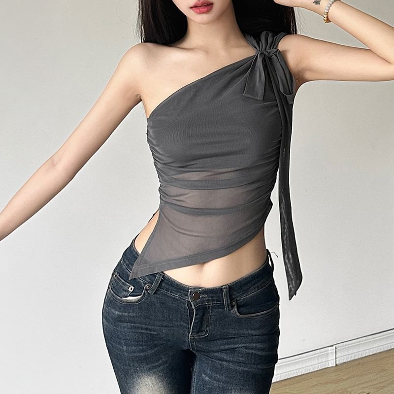 Bulgaris - Tanktop met één schouder, sjaalkraag, effen, doorschijnend, asymmetrische zoom en slim-fit pasvorm