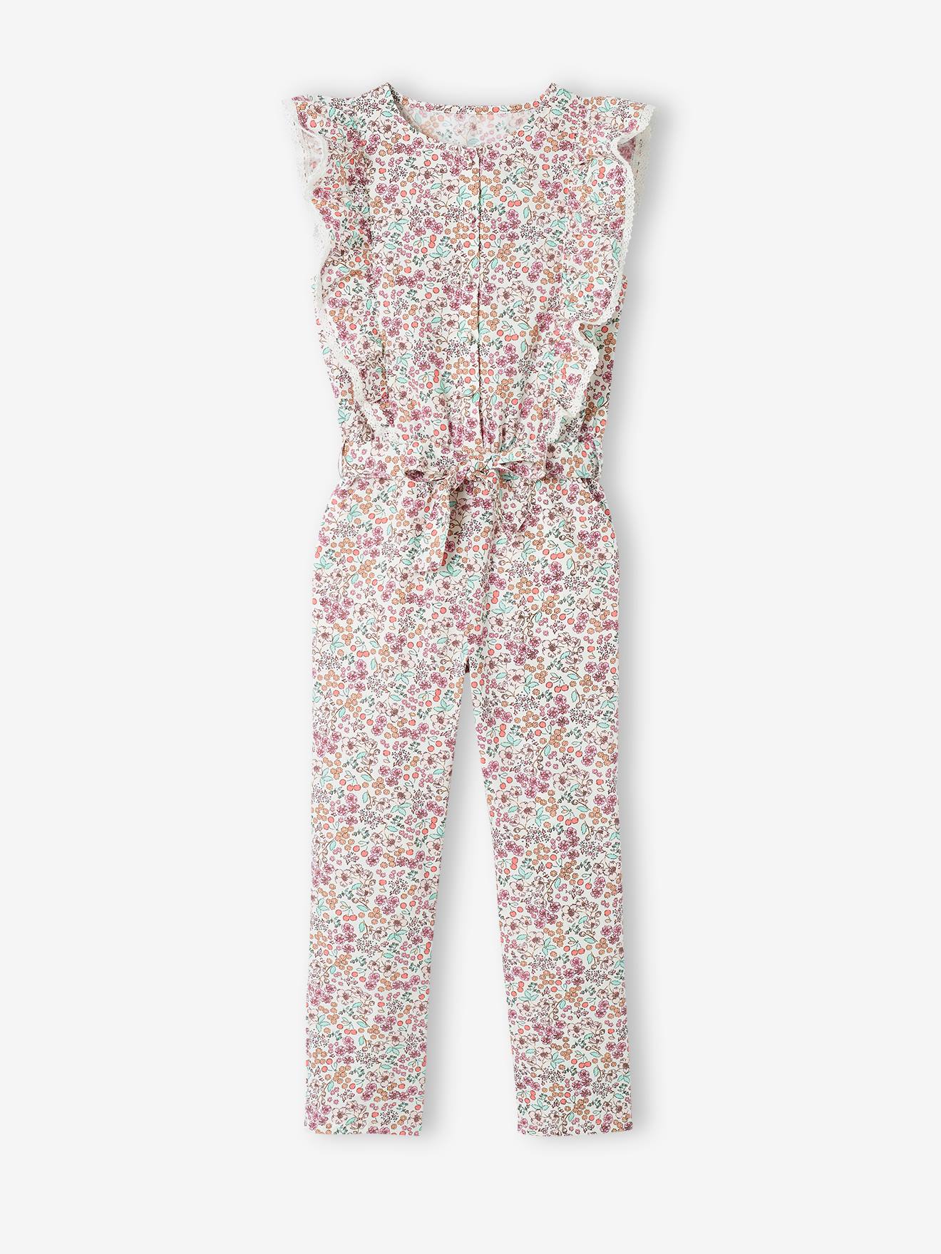 Macacão floral com babados, para menina, branco-creme