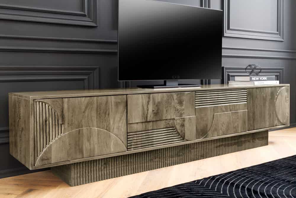 Massives TV-Board ART DECO 200cm grau Mangoholz Lowboard 3D-Front