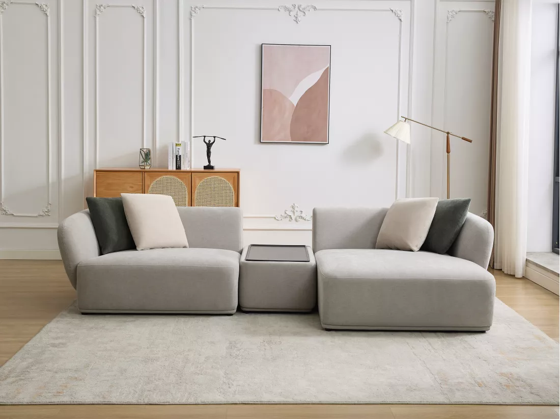 Canapé d'angle droit modulable avec tablette en tissu gris clair RANASO