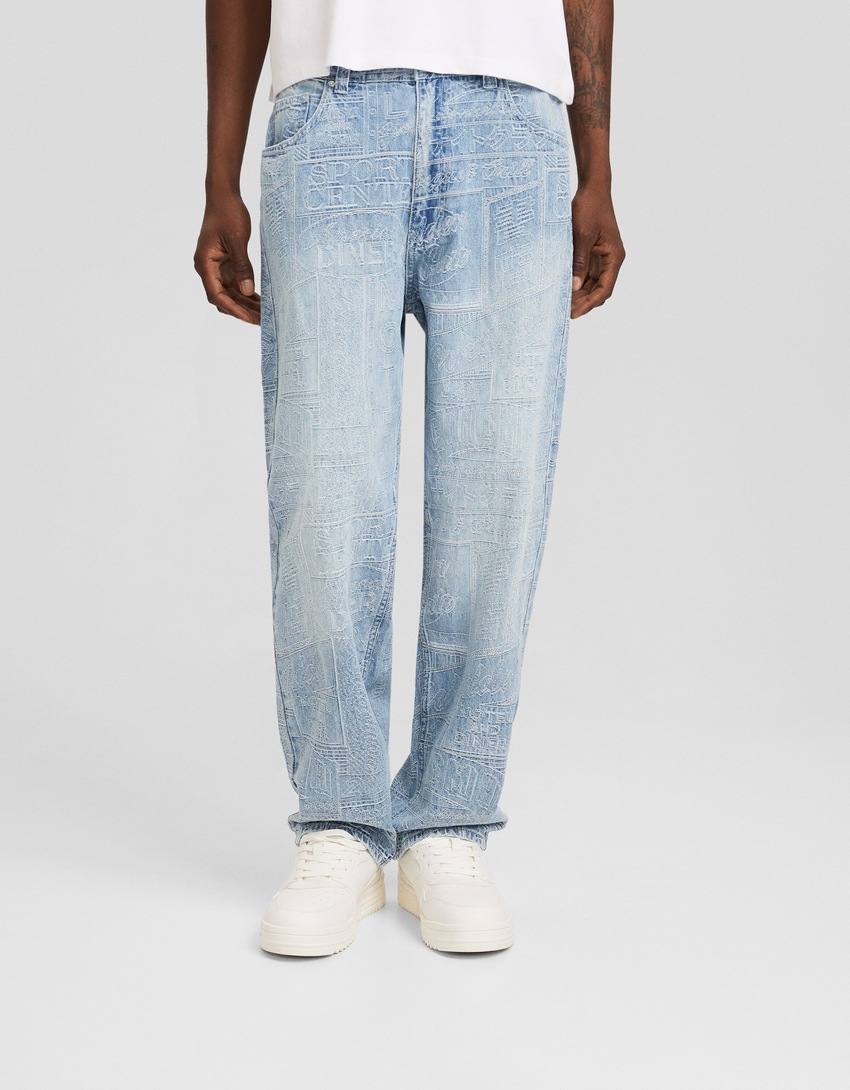 calça jeans jacquard folgada
