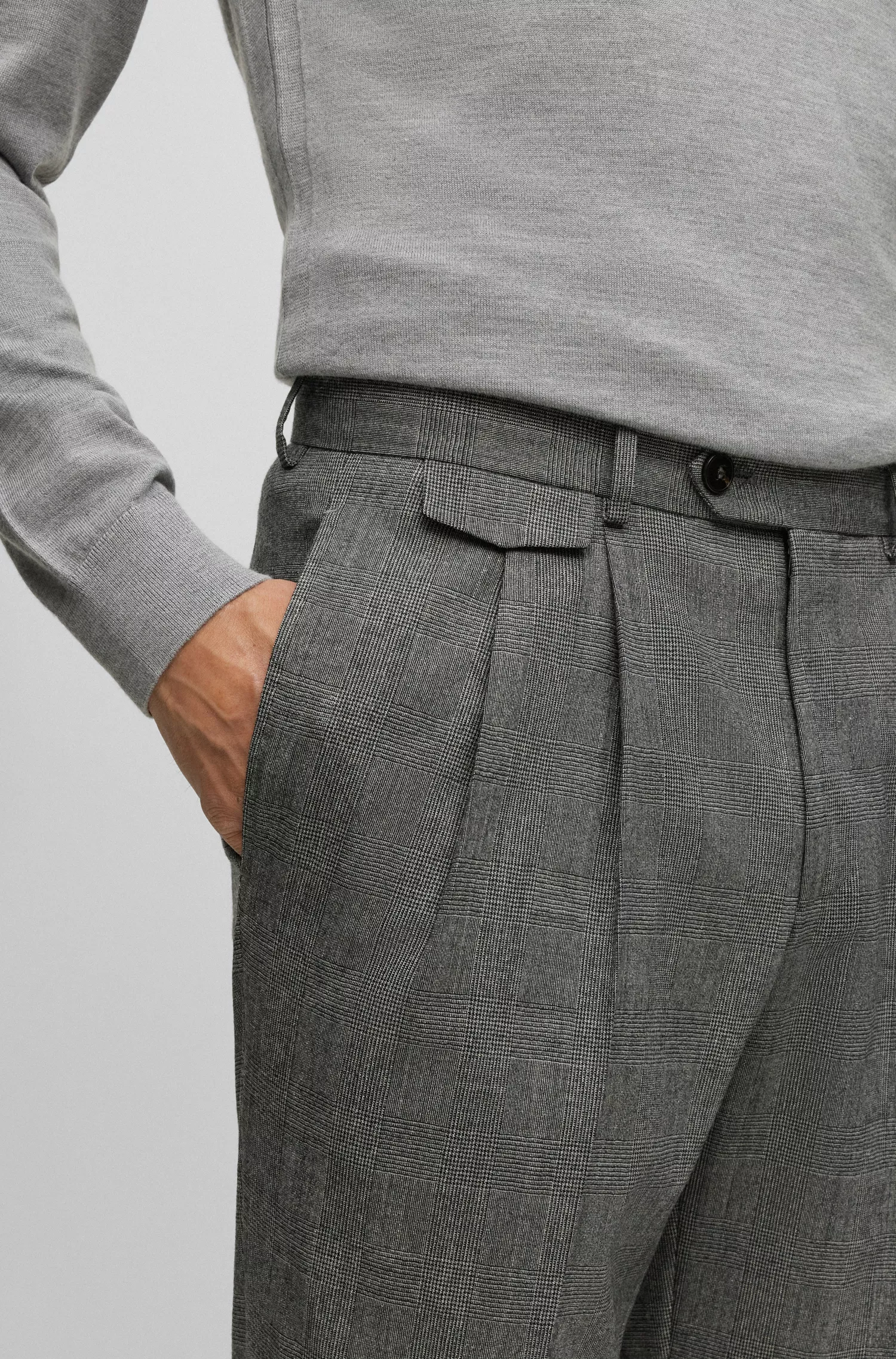 Calça BOSS Camel de corte relaxado em lã elástica xadrez.
