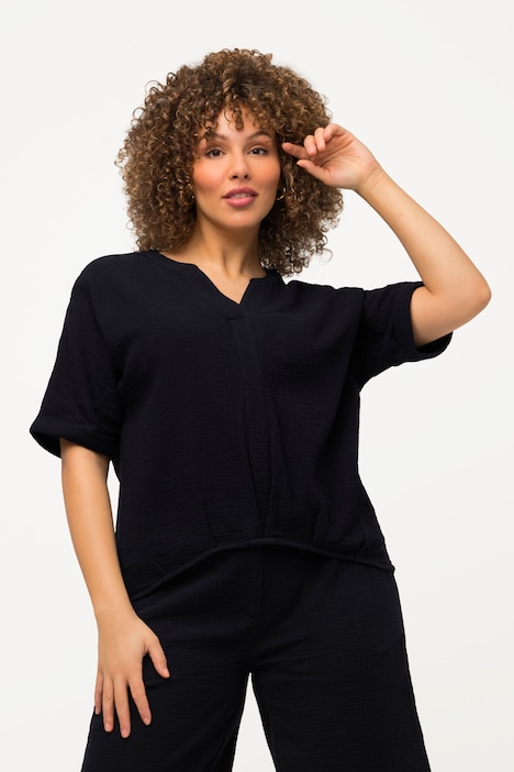 Musselin-Bluse, Oversized, Tunika-Ausschnitt, Halbarm