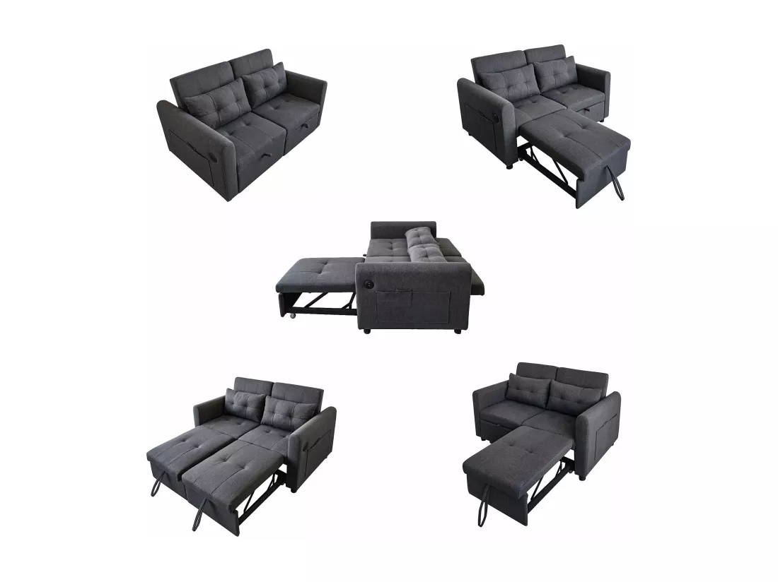 Canapé convertible 2 places en tissu lin avec dossier réglable et prise USB, canapé-lit - 142 x 85 x 83 cm - Fonction sommeil - Gris