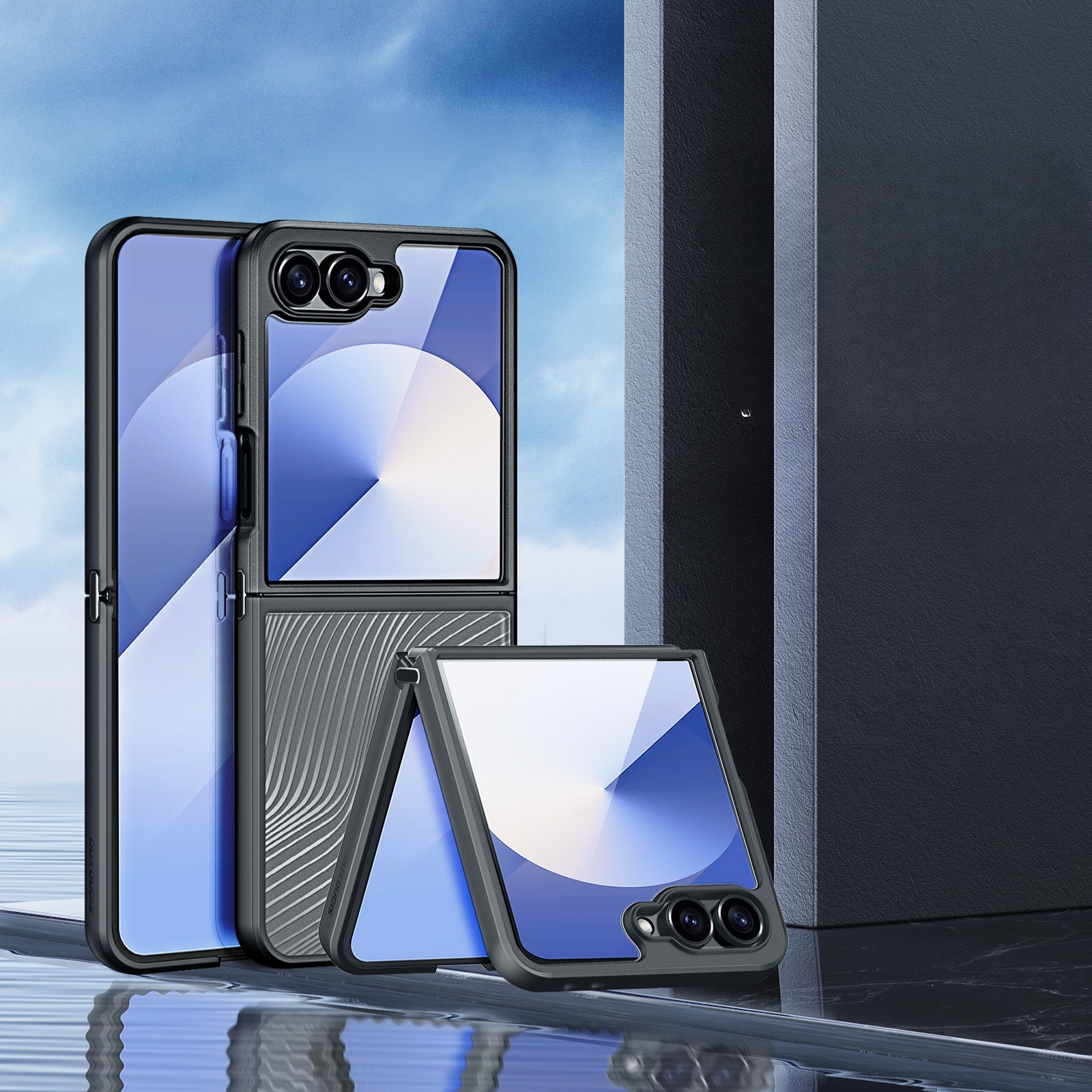 Samsung Galaxy Z Flip7 Hybrid Hardcase Hülle TPU Bumper   Kunststoff Rückseite mit Kameraschutz - Schwarz / Transparent