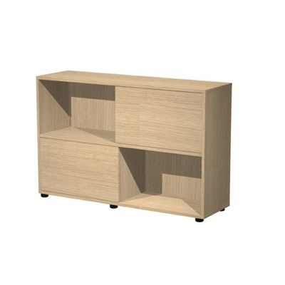 Bibliothèque basse à porte coulissante - L120 x H79 x P35 - Corps et portes chêne