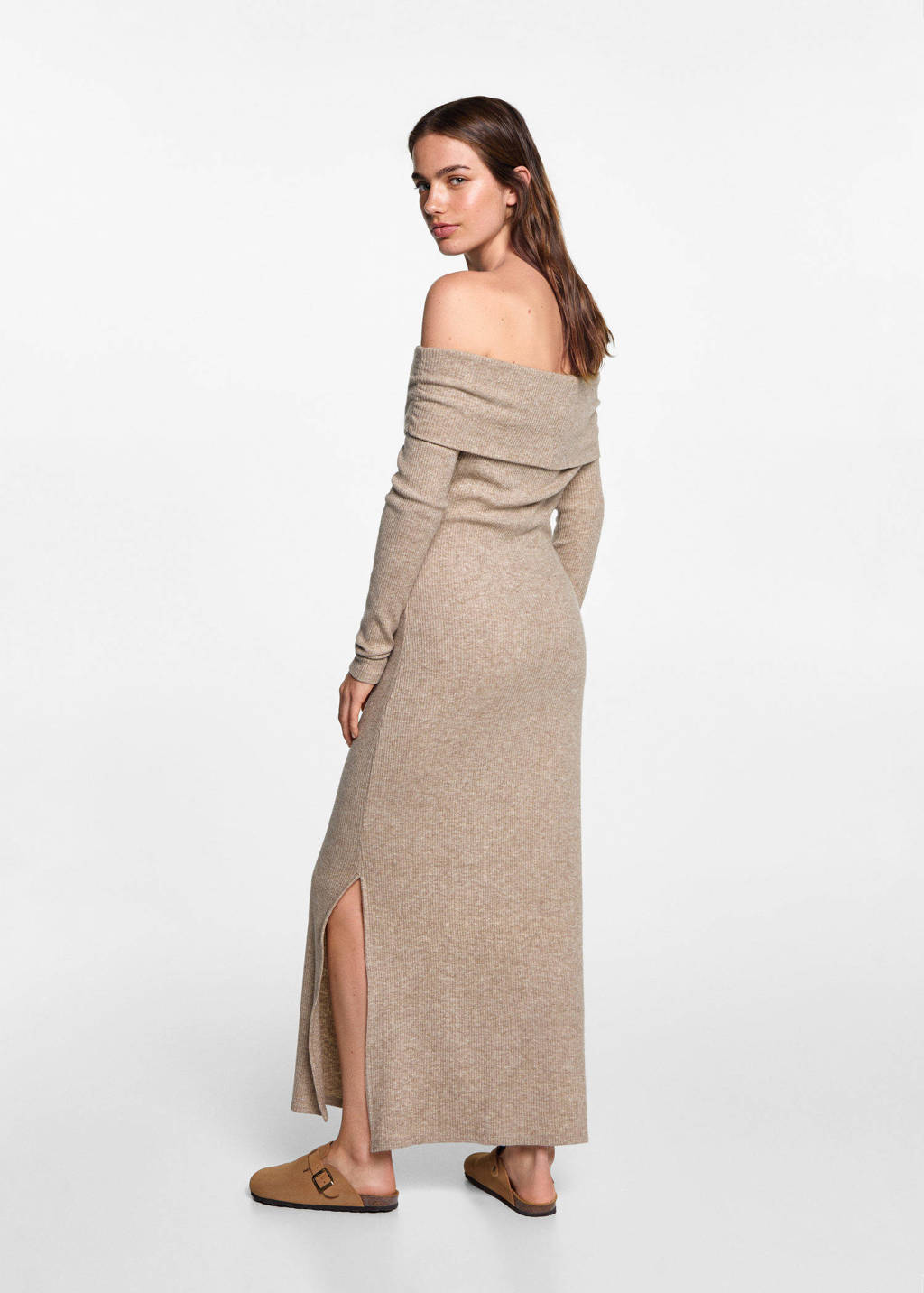 MANGO TEEN off shoulder maxi jurk pastelbruin