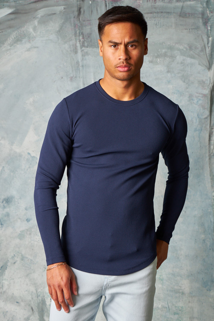 T-shirt manches longues texturé bleu foncé