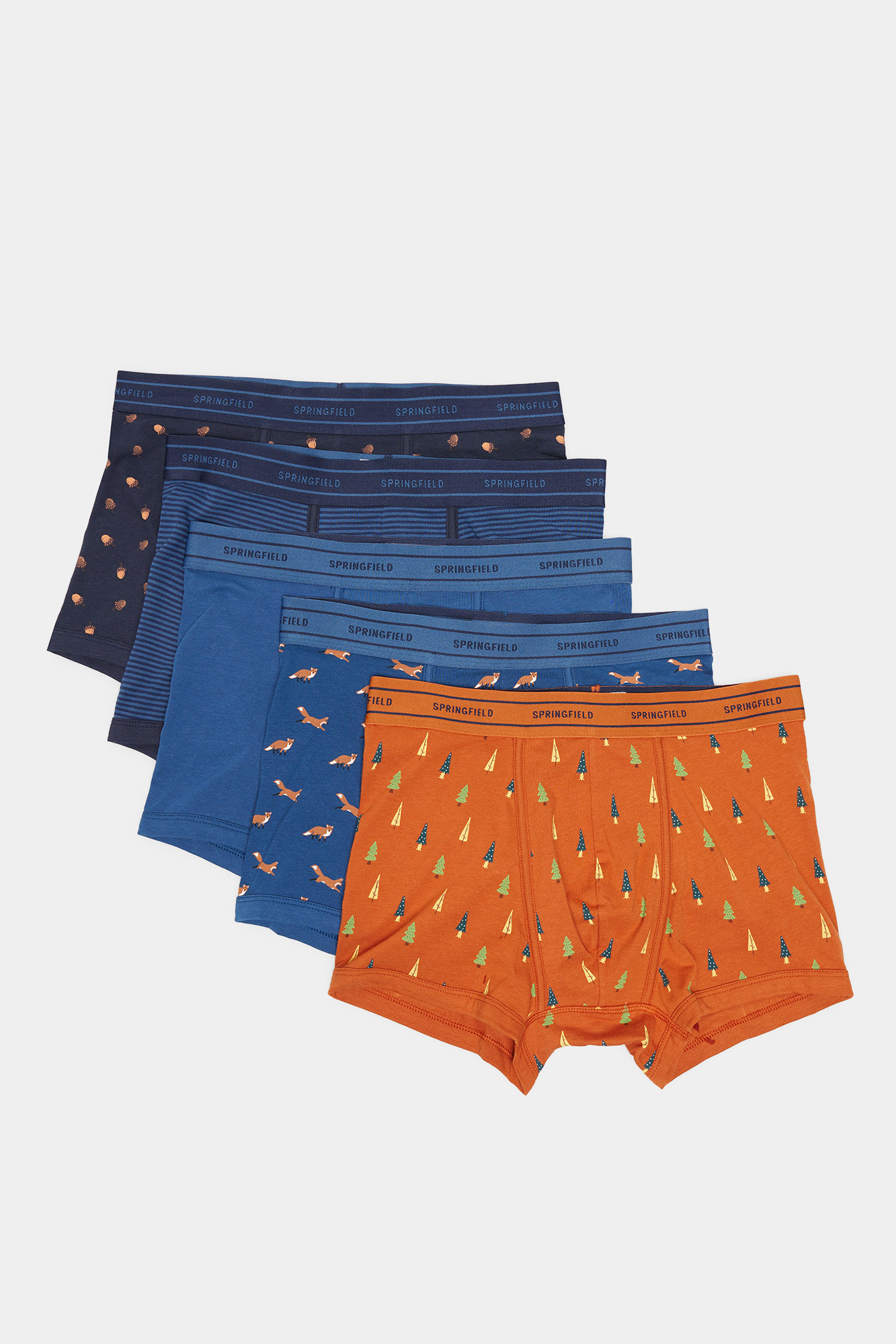 Pacote com 5 cuecas boxer de algodão com estampa de floresta.