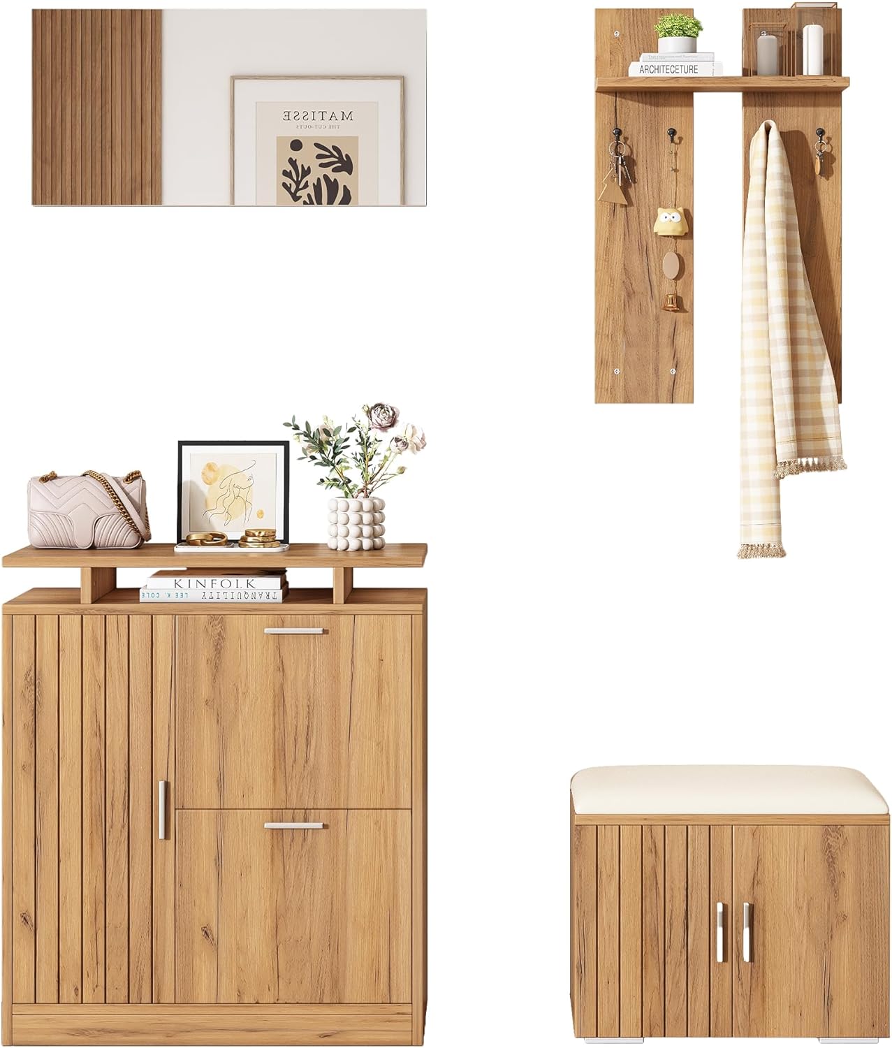 Merax Flurgarderobe Garderobenschrank Flur, Wandgarderobe Garderobenset mit Schuhbank und Schuhschrank, 1 Spiegel, 4 Haken, 5 Türen, Naturholzfarbe, 140×35×133 cm