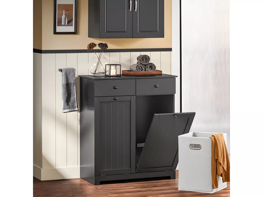 SoBuy Meuble Bas de Salle de Bain Armoire Toilette avec 2 Tiroirs et 2 Paniers à Linge Meuble de Rangement Coffre à Linge L78xP38xH91cm, Noir, BZR33-SCH