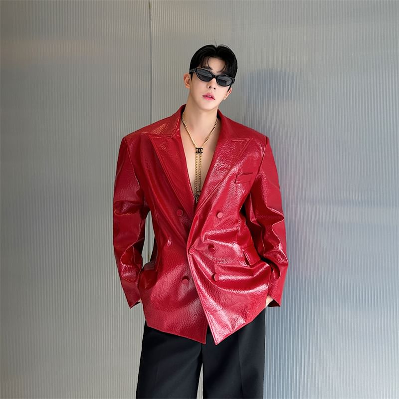 ravewider - Blazer van imitatieleer met dubbele rij knopen en effen revers