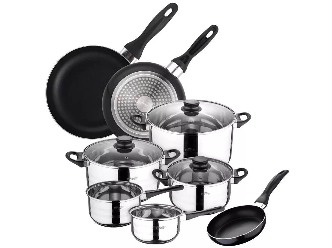 Set : Set de trois poêles à frire + Batterie de cuisine 8 pcs.