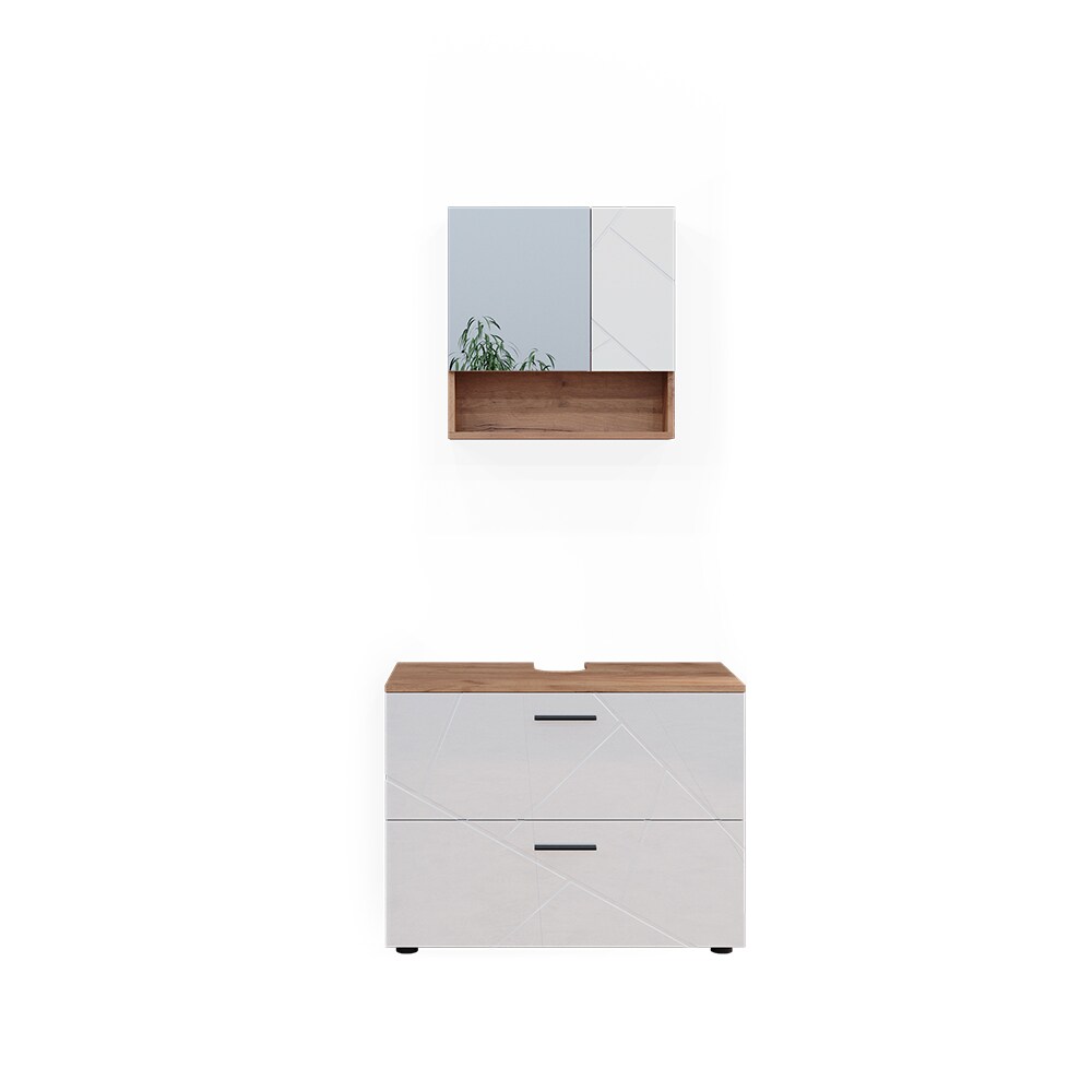 Vicco Badmöbelset Irma Eiche Weiß Hochglanz modern Badezimmerschrank Badschrank Badezimmermöbel Waschtischunterschrank Spiegelschrank Schrankschublade Schrankfach Schranktür