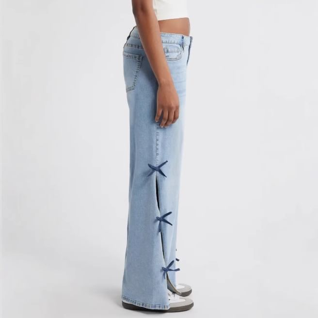 Rosesand - Low Rise Washed Bow Accent Slit Loose-Fit Wijde Jeans