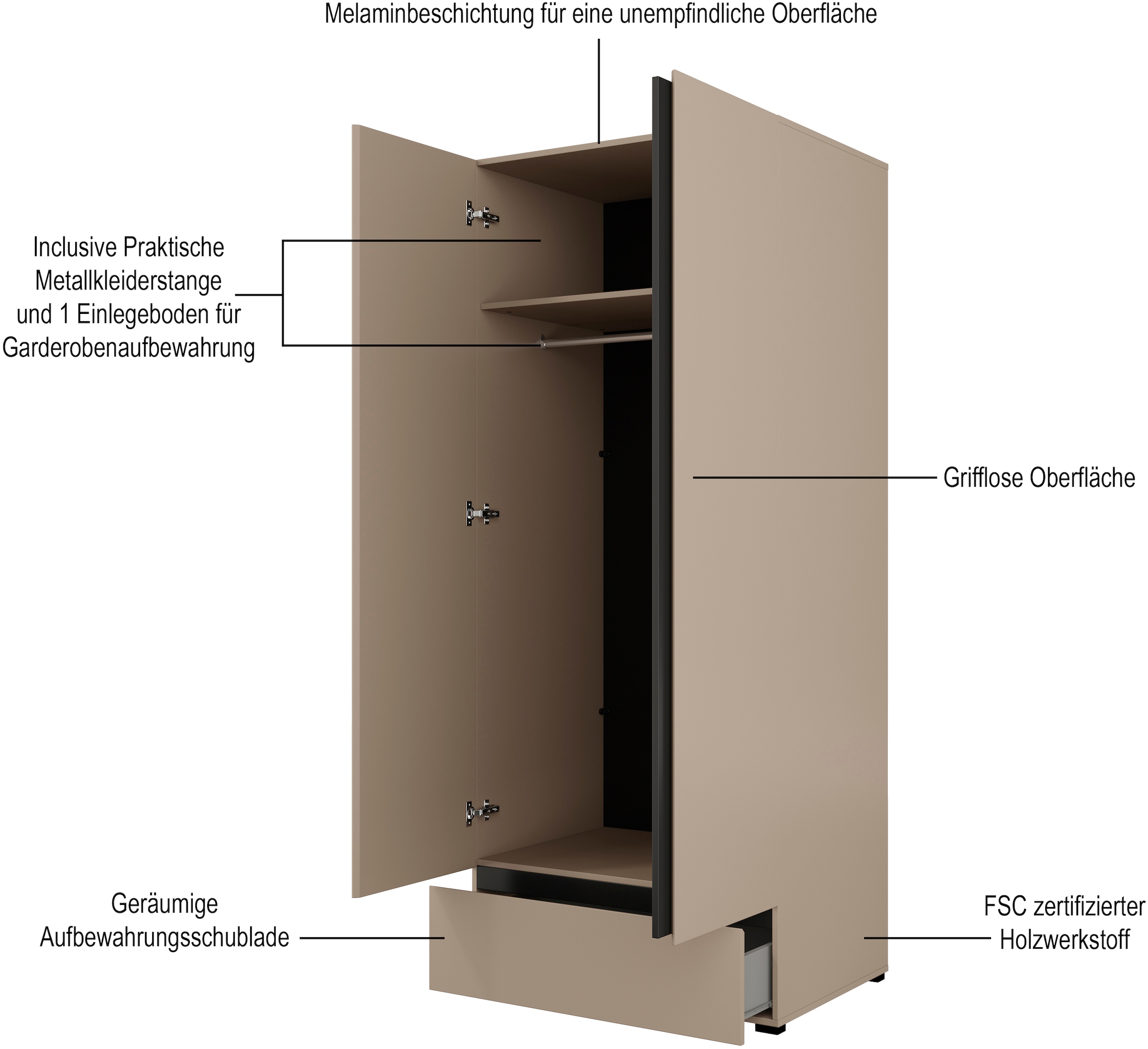 Home affaire Drehtürenschrank »Cross, moderner griffloser Kleiderschrank« Wäscheschrank mit Schublade, Garderobe, Türen