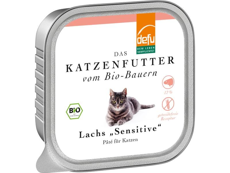 defu Nassfutter Sensitive Pâté Bio Lachs, 100 g Alleinfuttermittel für erwachsene Katzen