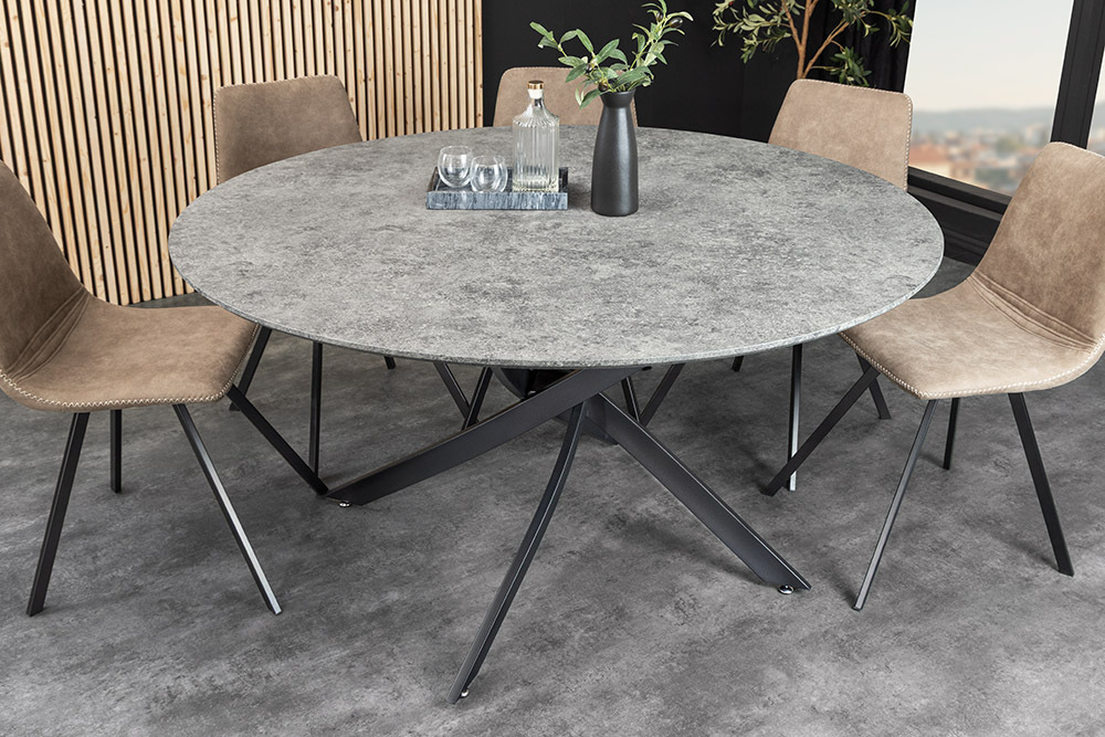 Runder Esstisch HELIX 120cm grau Beton-Design schwarze Metallbeine Sterngestell