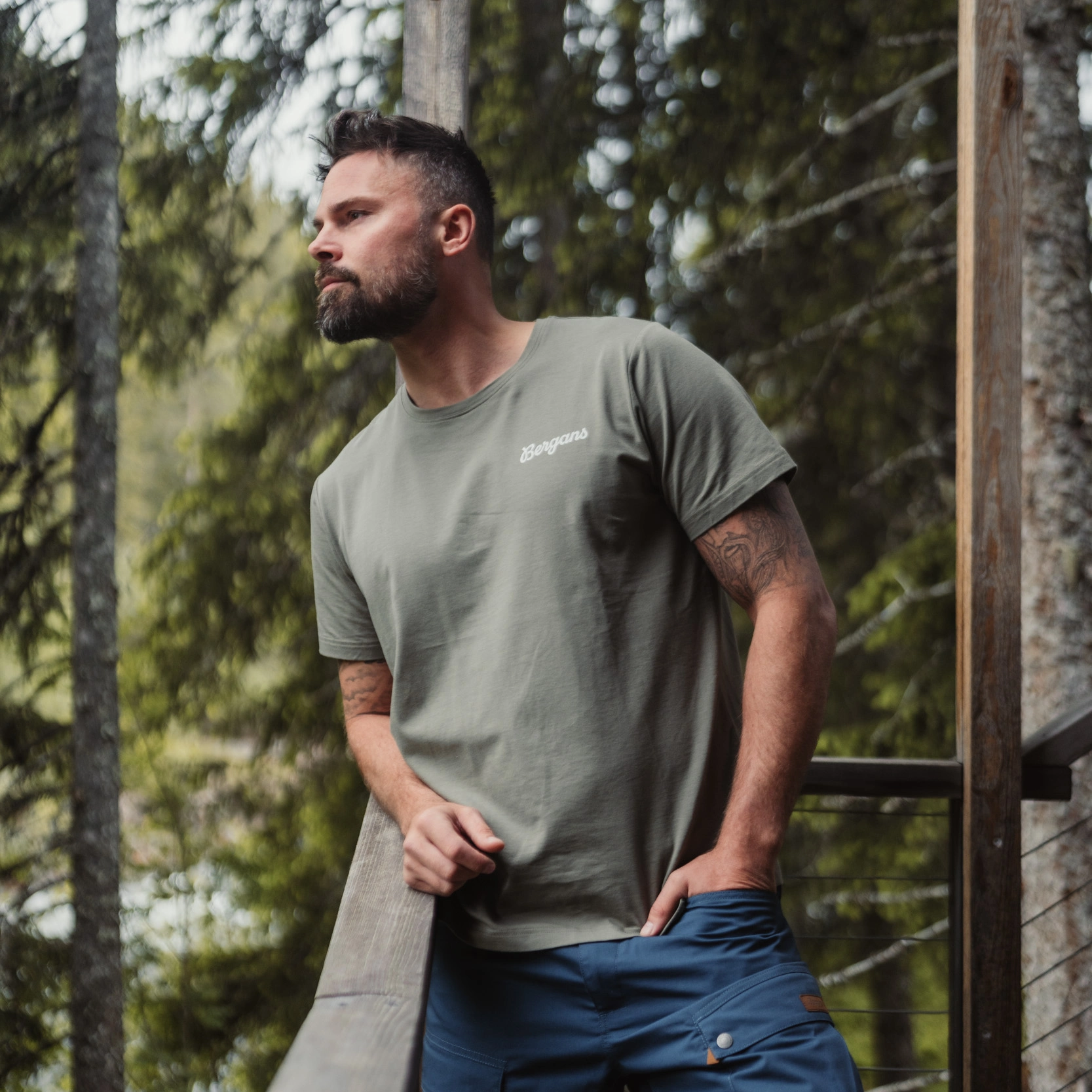 Nordmarka Organic Cotton Print Tee Men Green Mud