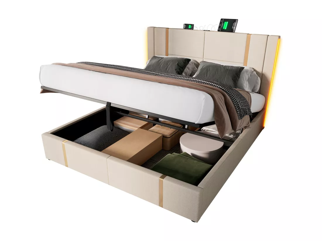 Lit coffre 140x200 cm rembourré en tissu de lin - avec LED et fonction de recharge - avec sommier à lattes - Beige