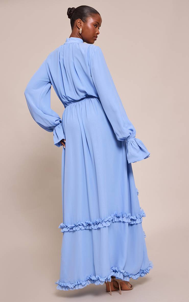 Bleu Robe Longue En Mousseline À Col Montant Avec Détails À Volants