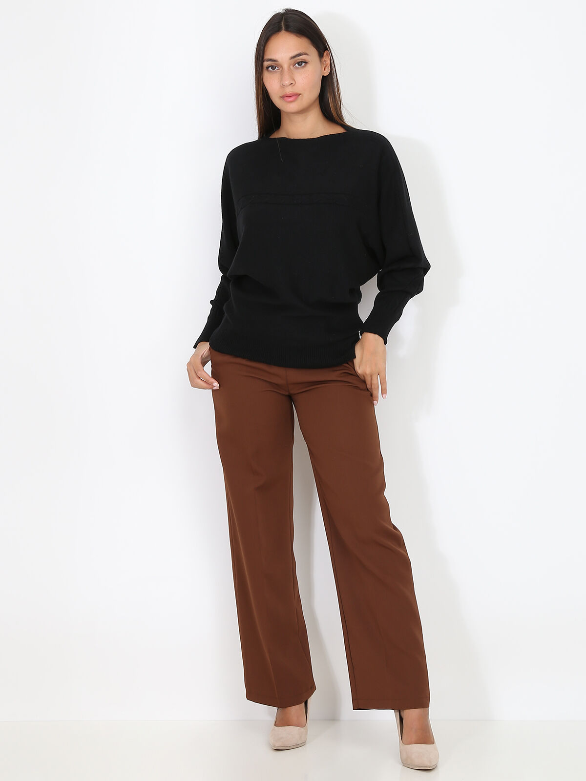 Pantalon de costume large à plis- Marron