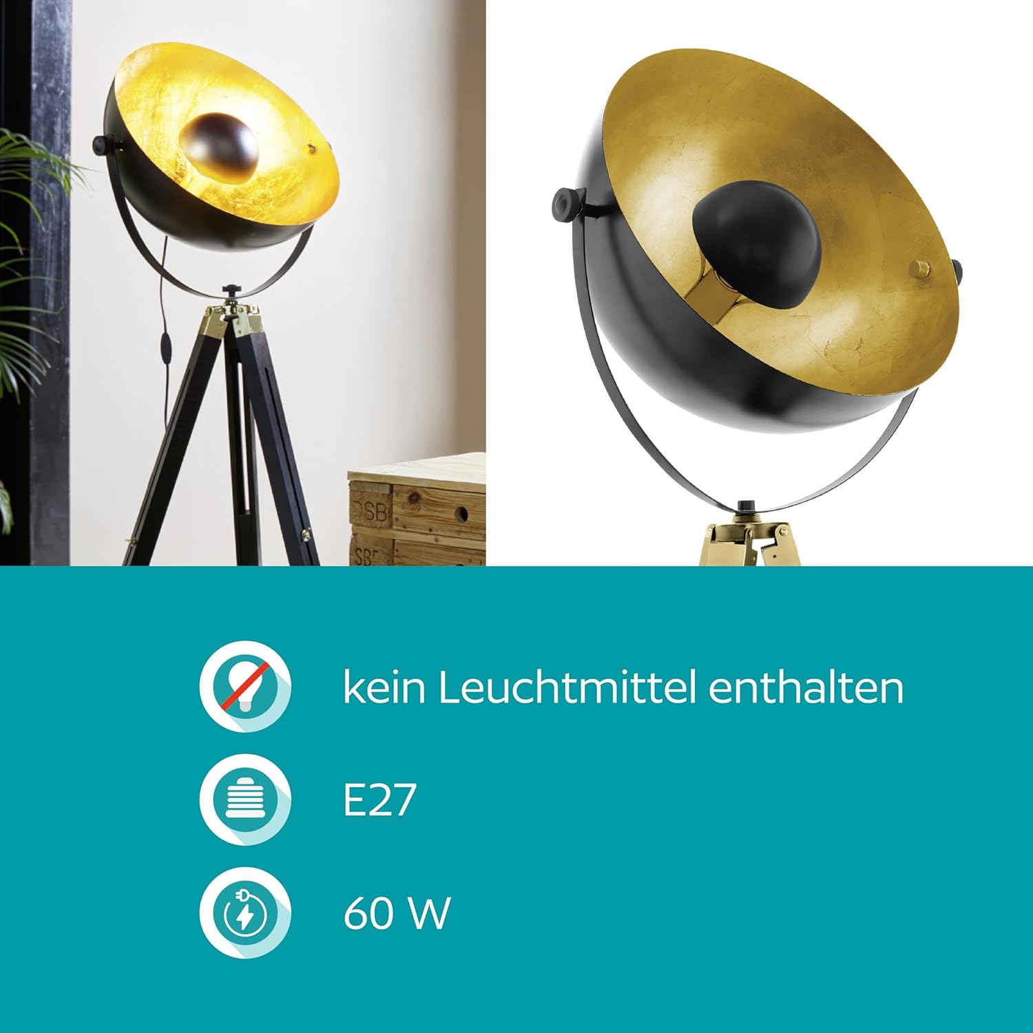 EGLO Stehlampe Covaleda, Stehleuchte Industrial, Vintage Standleuchte aus Holz und Stahl, Wohnzimmerlampe in Schwarz, Gold und Messing, Lampe mit Schalter, E27 Fassung