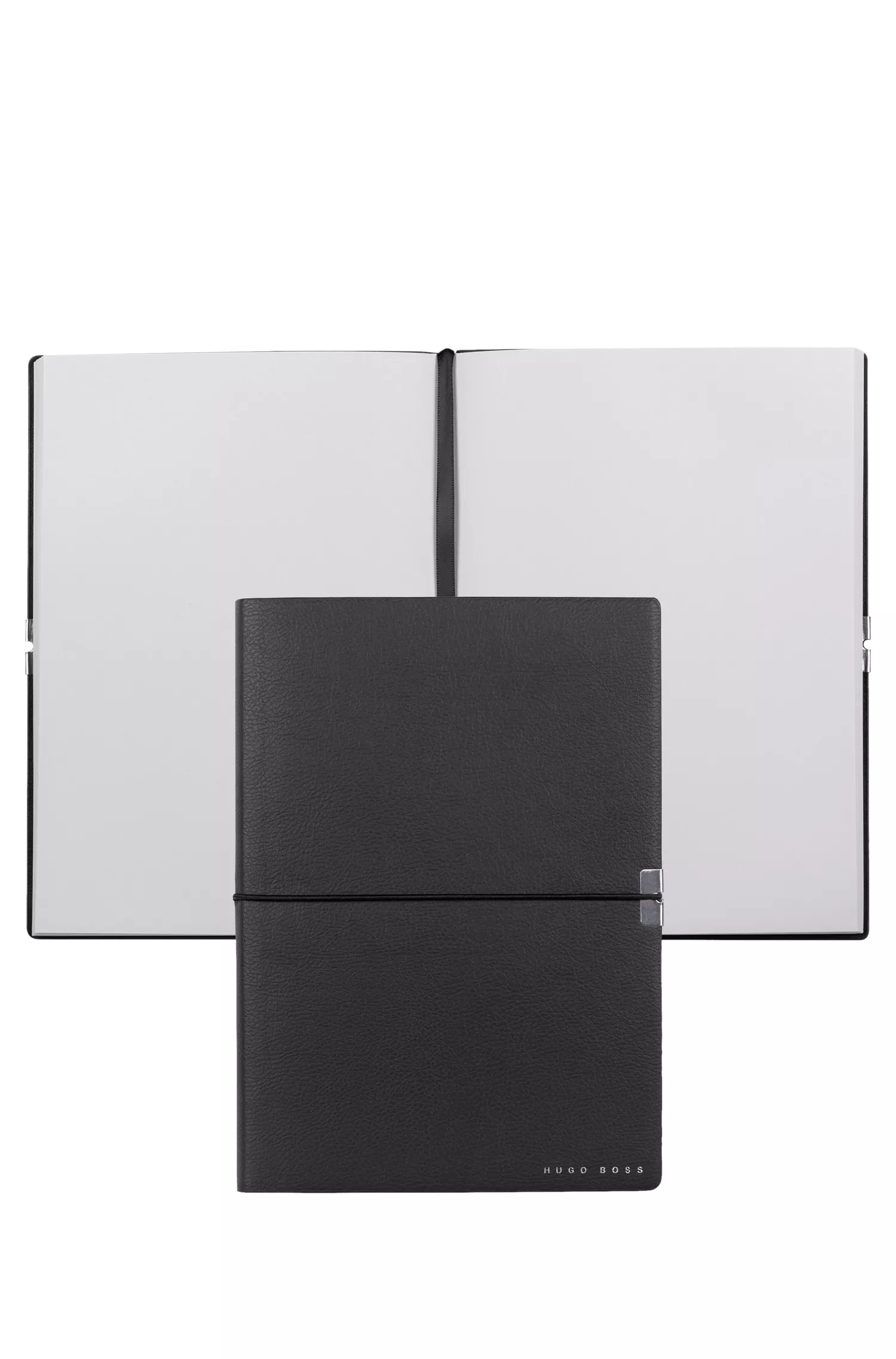 Caderno BOSS Black-A5 em couro sintético preto com elástico.