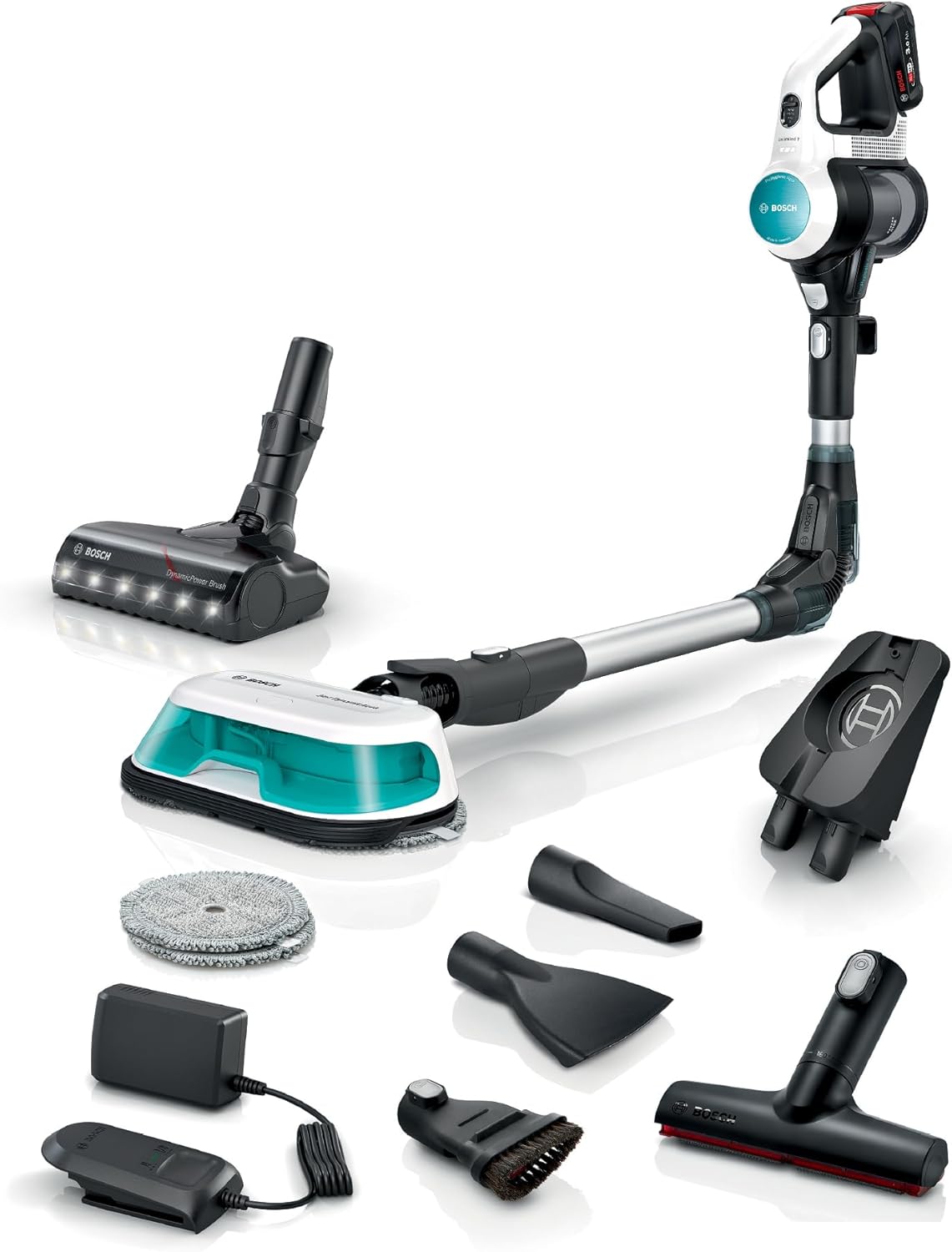 Bosch Akku-Staubsauger Unlimited 7 ProHygienic Aqua BKS71HYG1, kabellos, 2in1 Saugen & Wischen, Knickrohr, HEPA-Filtersystem, 10 J. Motorgarantie, Wechselakku, Schnellladegerät, Made in Germany, weiß