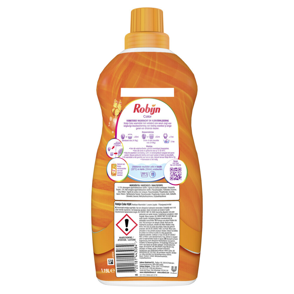 4x Robijn Klein & Krachtig Wasmiddel Color 34 Wasbeurten1,19 liter