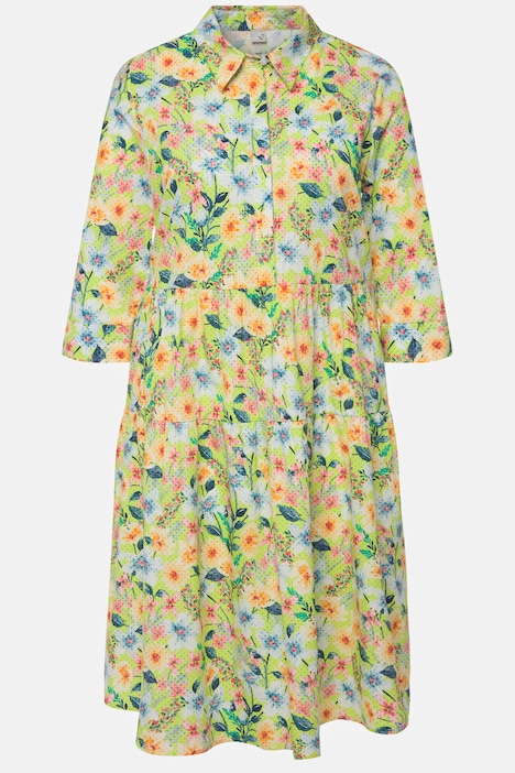 Hemdblusenkleid, Blüten, A-Linie, Hemdkragen, 3/4-Arm