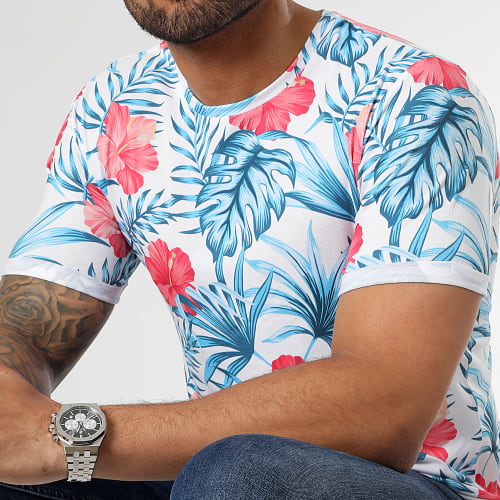 Tee Shirt Oversize Slim Fit Imprimé Avec Revers 2865 Tropical Blanc Bleu