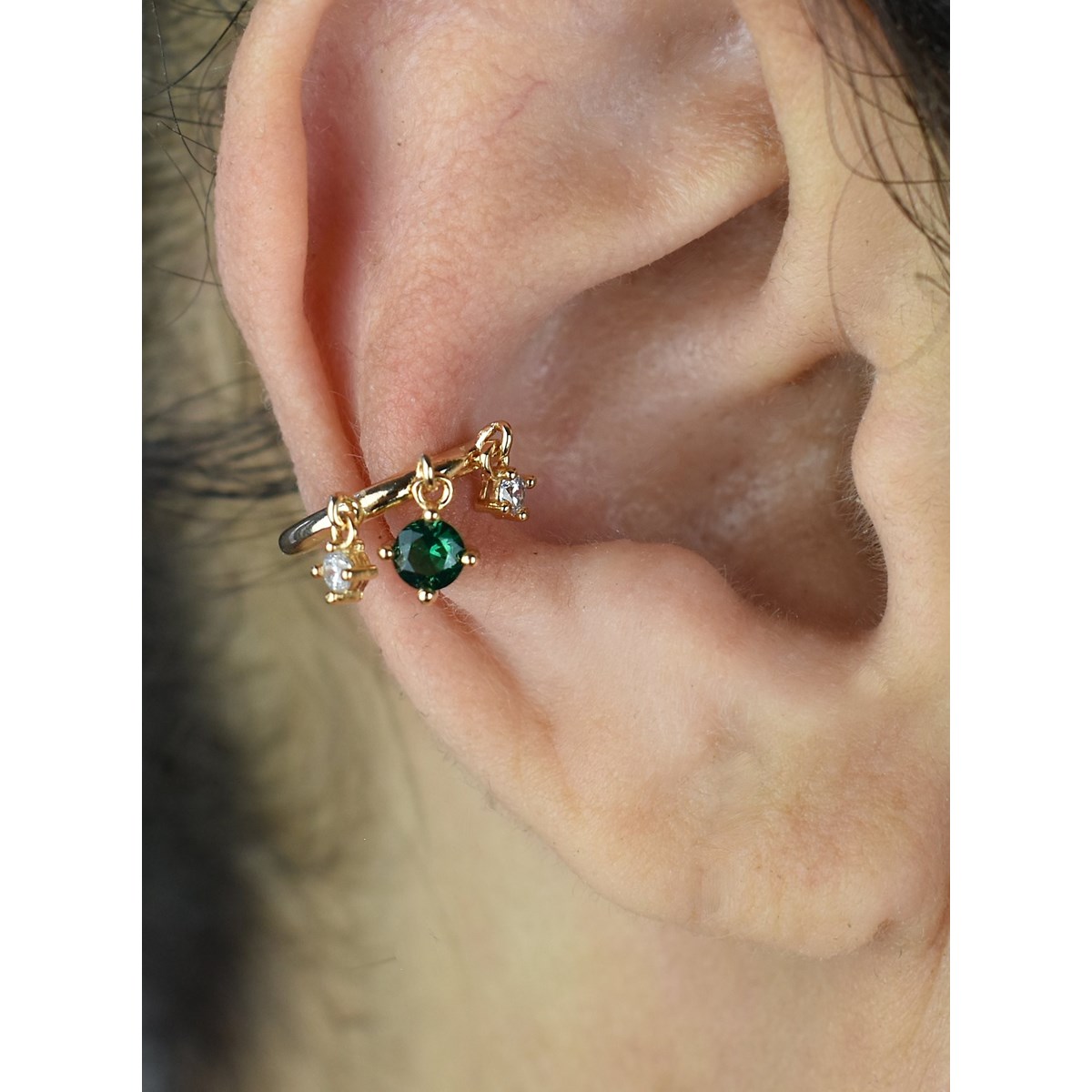 Clip d'oreille earcuff 3 oxydes de zirconium pendants central vert Plaqué OR 750 3 microns