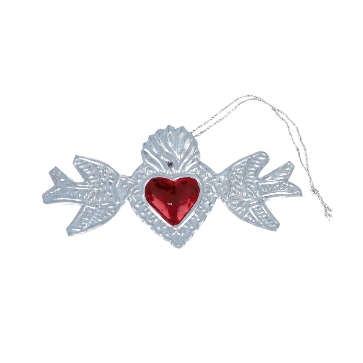 Suspension cœur rouge argent et oiseaux Pondie Chérie