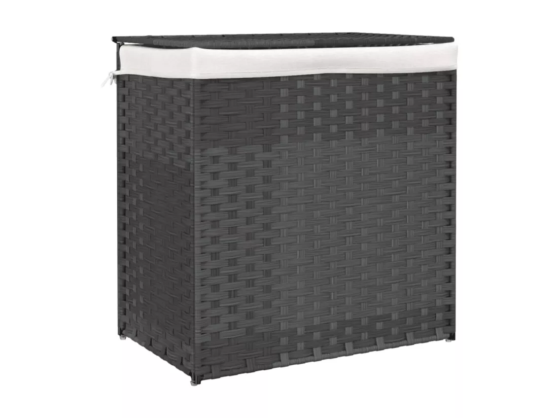 Panier à linge avec 2 sections gris 53x35x57 résine tressée