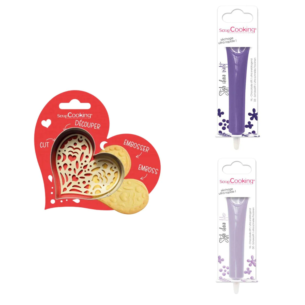 Kit pour biscuit en relief Coeur + 2 Stylos au chocolat violet et lila