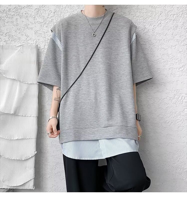 Craltuxe - T-shirt met korte mouwen, ronde hals en krijtstreeppatchwork
