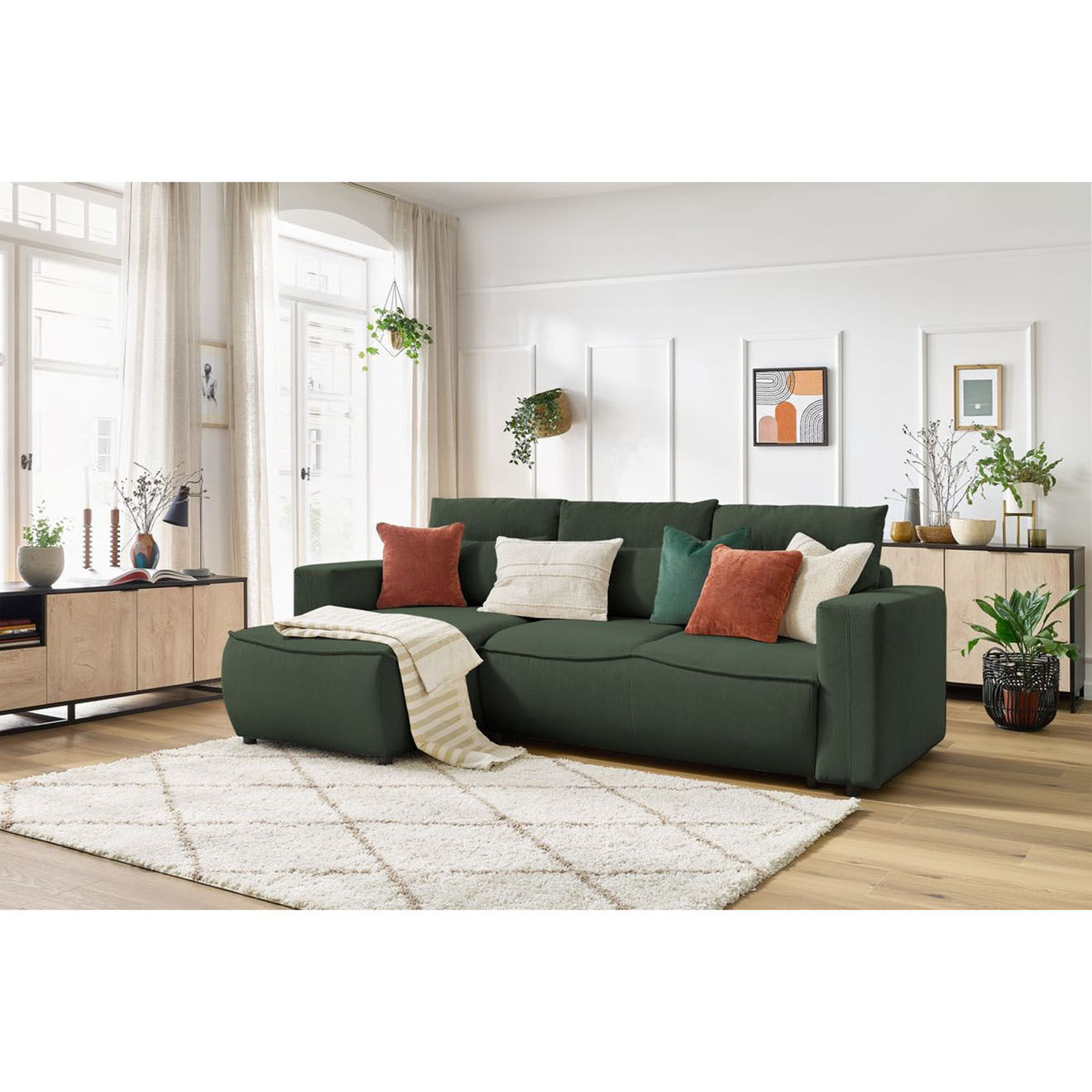 Bobochic Canapé d'angle gauche convertible coffre jasmin velours côtelé vert - 256x158x90 cm