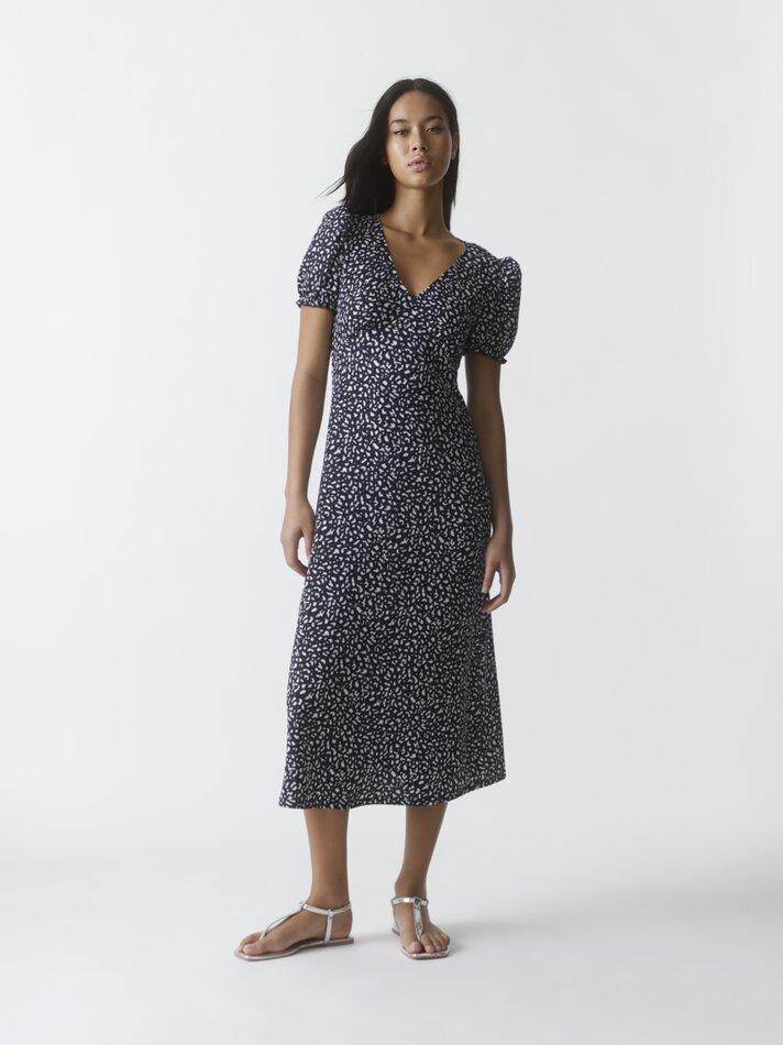 Vestido midi com mangas bufantes - Azul-marinho