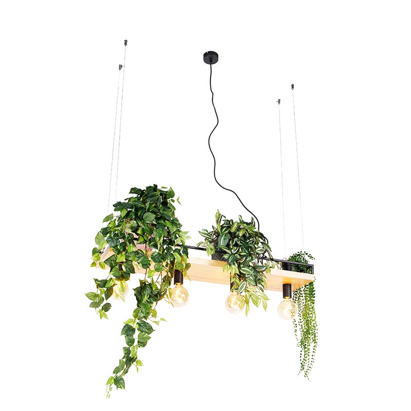 Industriële hanglamp zwart met houten 4-lichts plank