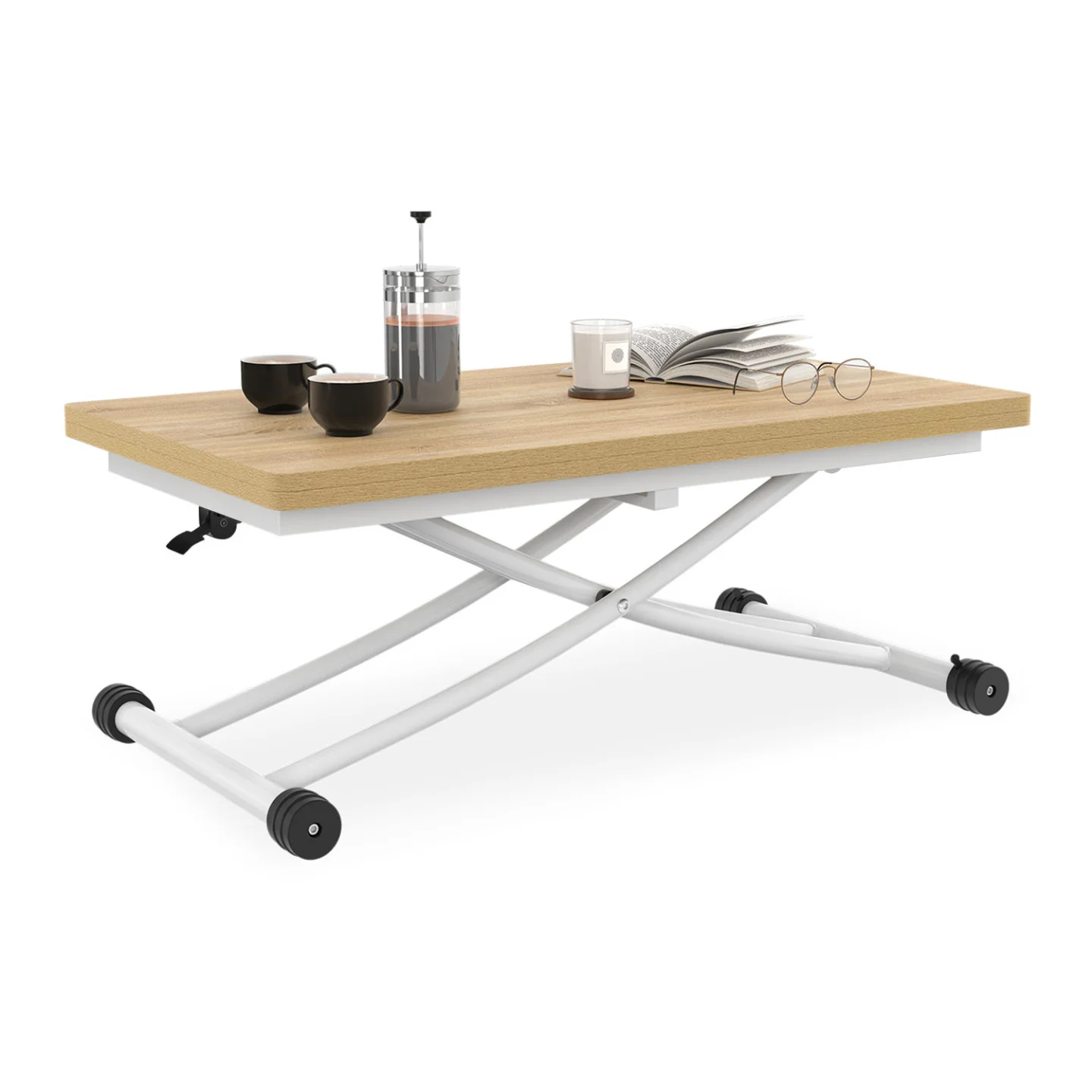Table basse 2-en-1 relevable en table à manger 6-8 personnes plateau portefeuille URBANA plateau façon hêtre pied blanc