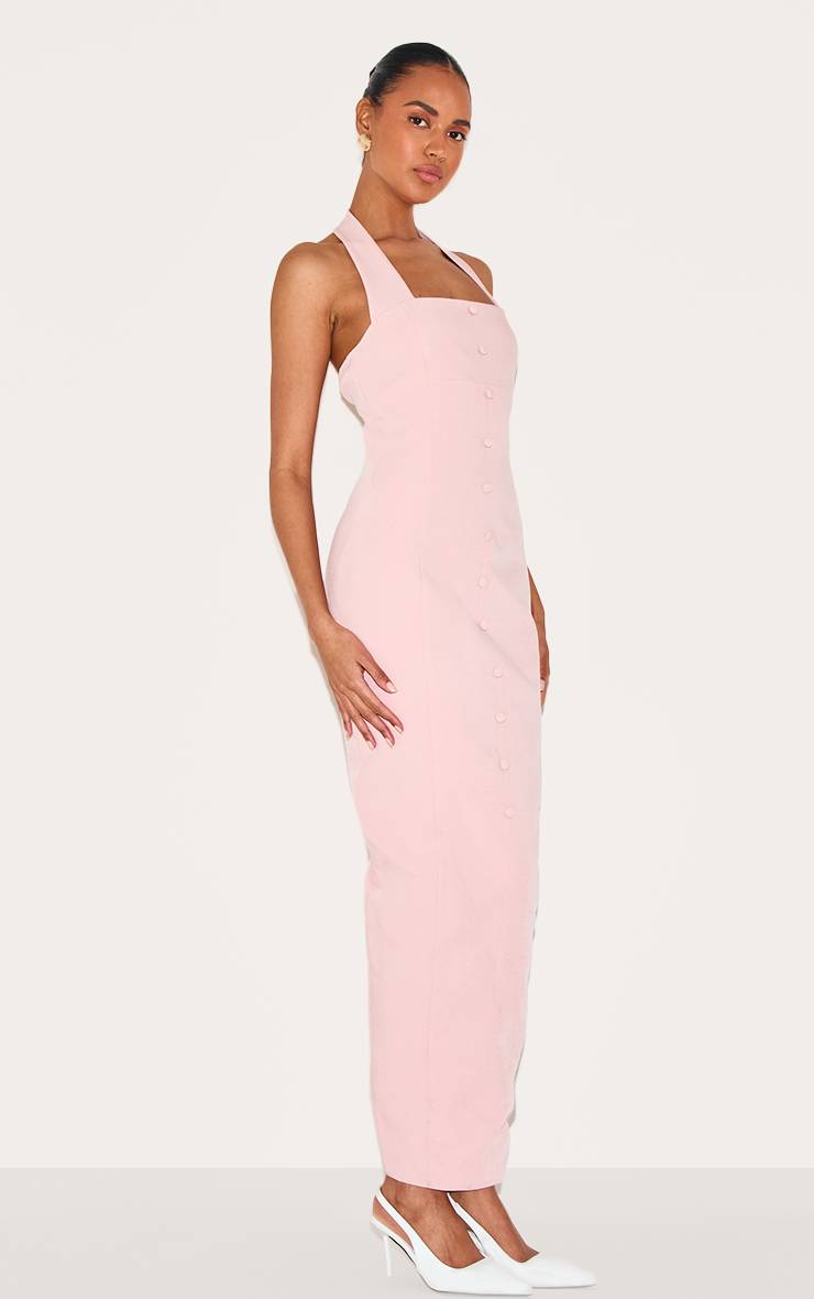 Rose Poudré Robe Longue Tissée À Col Licou Avec Boutons