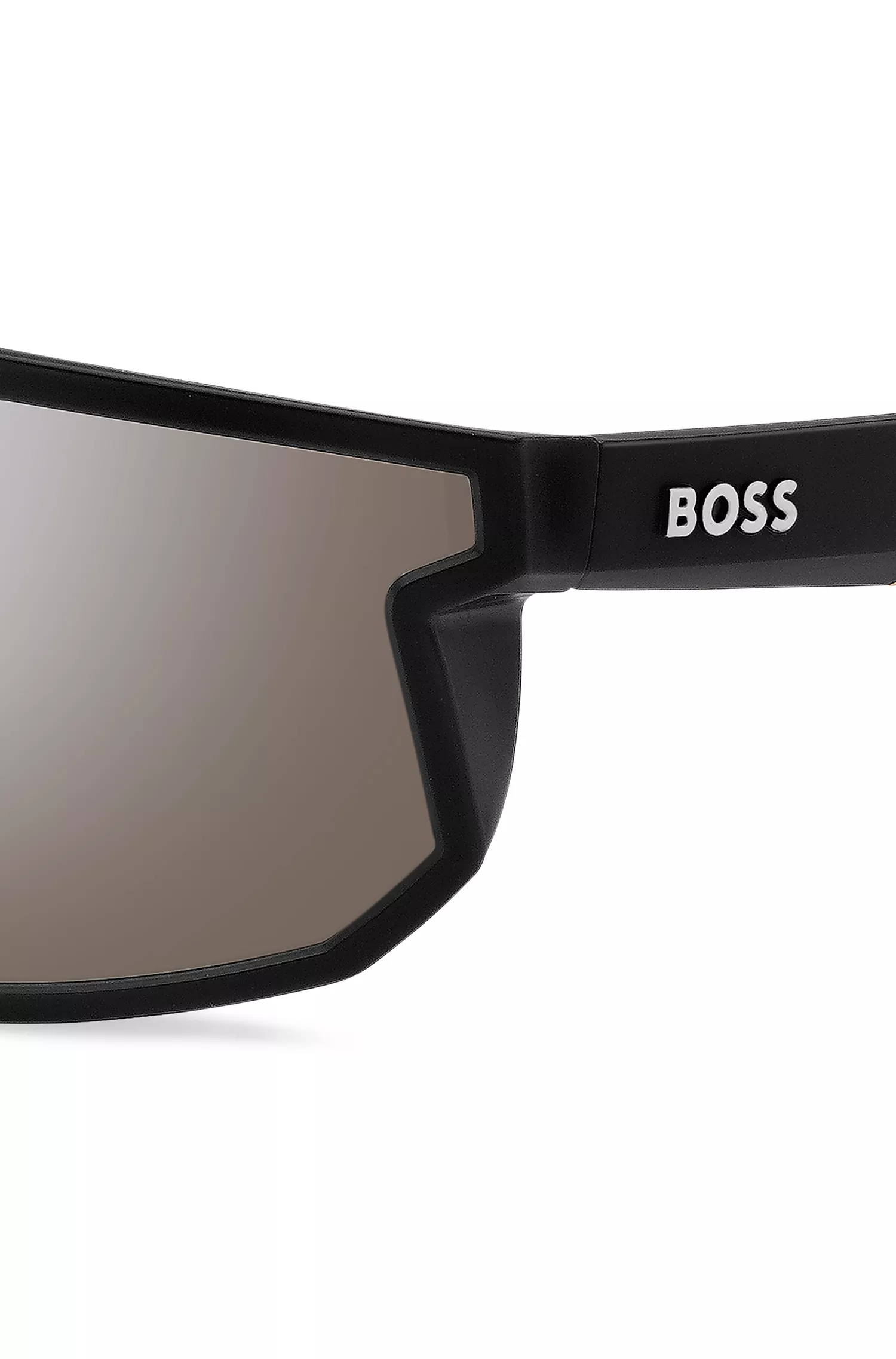Óculos de sol BOSS estilo máscara, na cor preta, com hastes personalizadas com a marca.