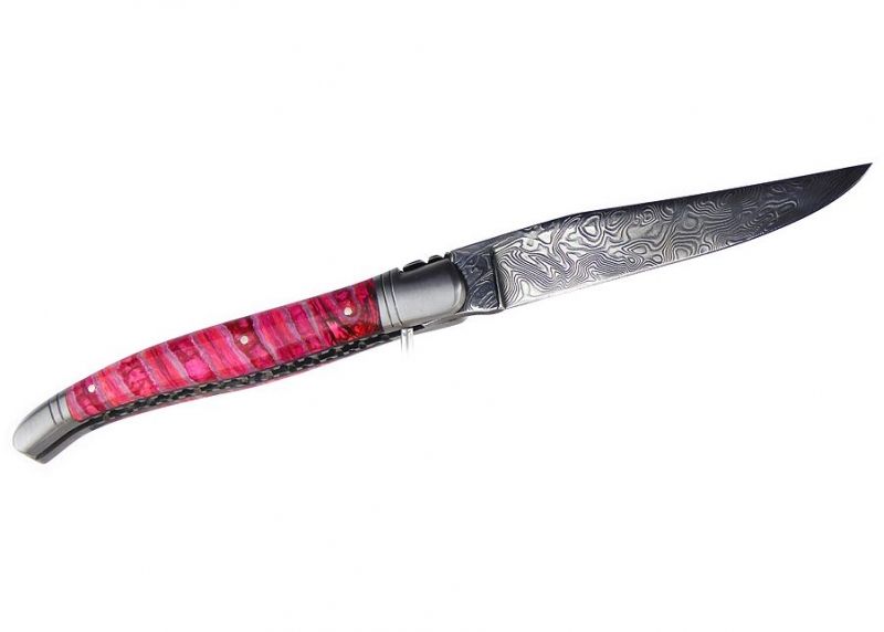 VENDU - Couteau Laguiole avec un manche en Molaire de Mammouth teintée rose
